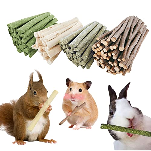 GREMBEB Bunny Chew Stick Rabbit Toy Treat 140g 4 in 1 Molar Stuff 100% Organic Natural Snack,Apple Branch,Sweet Bamboo,Timothy Hay,Alfalfa Food Clean Teeth Hamster Chinchilla Parrot Gerbil Squirrel