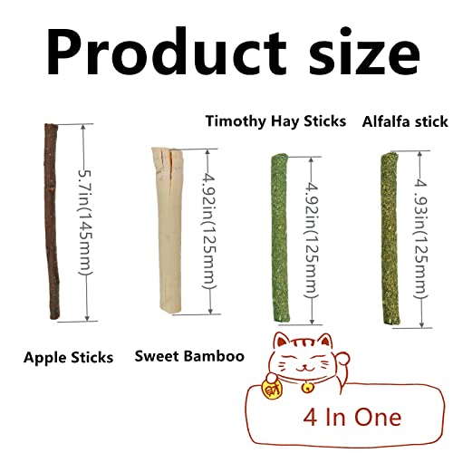 GREMBEB Bunny Chew Stick Rabbit Toy Treat 140g 4 in 1 Molar Stuff 100% Organic Natural Snack,Apple Branch,Sweet Bamboo,Timothy Hay,Alfalfa Food Clean Teeth Hamster Chinchilla Parrot Gerbil Squirrel