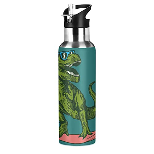 Funny Dinosaur Skateboard Kids Water Bottle Thermos with Straw School Vacuum Insulated Stainless Steel Thermos Bottle Cup Leakproof Sport Travel Cup Mug Handle for Girls Women Biking 20 OZ