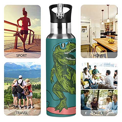 Funny Dinosaur Skateboard Kids Water Bottle Thermos with Straw School Vacuum Insulated Stainless Steel Thermos Bottle Cup Leakproof Sport Travel Cup Mug Handle for Girls Women Biking 20 OZ