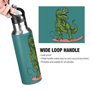 Funny Dinosaur Skateboard Kids Water Bottle Thermos with Straw School Vacuum Insulated Stainless Steel Thermos Bottle Cup Leakproof Sport Travel Cup Mug Handle for Girls Women Biking 20 OZ