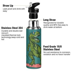 Funny Dinosaur Skateboard Kids Water Bottle Thermos with Straw School Vacuum Insulated Stainless Steel Thermos Bottle Cup Leakproof Sport Travel Cup Mug Handle for Girls Women Biking 20 OZ