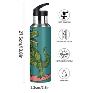 Funny Dinosaur Skateboard Kids Water Bottle Thermos with Straw School Vacuum Insulated Stainless Steel Thermos Bottle Cup Leakproof Sport Travel Cup Mug Handle for Girls Women Biking 20 OZ