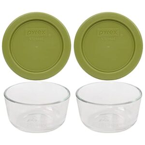 pyrex (2 7202 glass bowls & (2) 7202-pc olive green lids