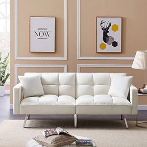 velvet convertible futon sofa bed with two pillows, modern upholstered sleeper sofa couch with 3 adjustable backrests and 6 solid metal legs, twin size loveseat recliner for living room (off white)