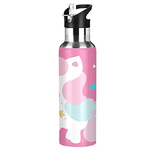 Cute Unicorn Pink Kids Water Bottle Thermos with Straw School Vacuum Insulated Stainless Steel Thermos Bottle Cup Leakproof Sport Travel Cup Mug Handle for Girls Women Biking 20 OZ