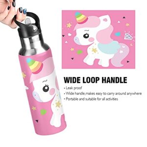 Cute Unicorn Pink Kids Water Bottle Thermos with Straw School Vacuum Insulated Stainless Steel Thermos Bottle Cup Leakproof Sport Travel Cup Mug Handle for Girls Women Biking 20 OZ