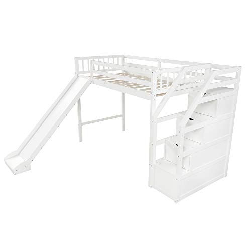 Merax Twin Size Loft Bed Frames with Silde, Staircase and Safety Guardrails No Box Spring Needed for Teens, Boys or Girls, White