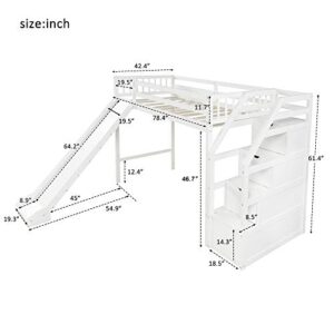 Merax Twin Size Loft Bed Frames with Silde, Staircase and Safety Guardrails No Box Spring Needed for Teens, Boys or Girls, White