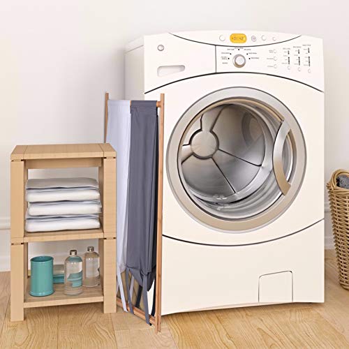 Homhope Large Double Laundry Basket Sorter with Hidden Handles, Foldable Bamboo X-Frame Dual Laundry Hamper, Dirty Clothes Basket with 2 Sections, Divided Laundry Organizer, Removable Waterproof Bag