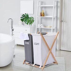 Homhope Large Double Laundry Basket Sorter with Hidden Handles, Foldable Bamboo X-Frame Dual Laundry Hamper, Dirty Clothes Basket with 2 Sections, Divided Laundry Organizer, Removable Waterproof Bag