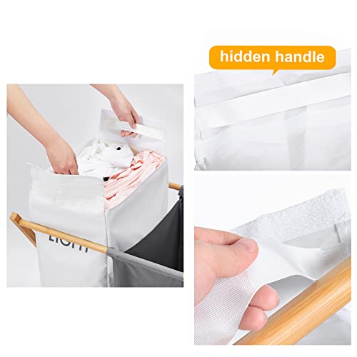 Homhope Large Double Laundry Basket Sorter with Hidden Handles, Foldable Bamboo X-Frame Dual Laundry Hamper, Dirty Clothes Basket with 2 Sections, Divided Laundry Organizer, Removable Waterproof Bag