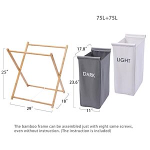 Homhope Large Double Laundry Basket Sorter with Hidden Handles, Foldable Bamboo X-Frame Dual Laundry Hamper, Dirty Clothes Basket with 2 Sections, Divided Laundry Organizer, Removable Waterproof Bag