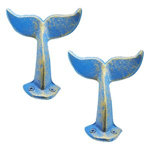 set of 2 cast iron wall hook-unique whale tail shape (gold & blue finish)