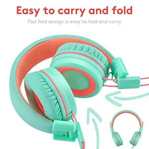 Nilogie A21 Kids Headphones for School/PC/Cellphone/Airplane Travel with 3.5mm Jack Children Boys Girls Foldable Wired On-Ear Headset (Mint Coral)