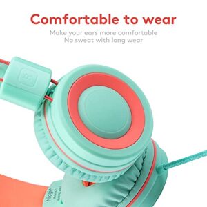 Nilogie A21 Kids Headphones for School/PC/Cellphone/Airplane Travel with 3.5mm Jack Children Boys Girls Foldable Wired On-Ear Headset (Mint Coral)