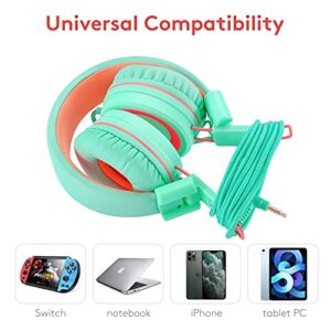 Nilogie A21 Kids Headphones for School/PC/Cellphone/Airplane Travel with 3.5mm Jack Children Boys Girls Foldable Wired On-Ear Headset (Mint Coral)