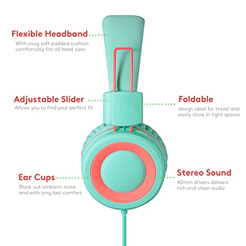 Nilogie A21 Kids Headphones for School/PC/Cellphone/Airplane Travel with 3.5mm Jack Children Boys Girls Foldable Wired On-Ear Headset (Mint Coral)