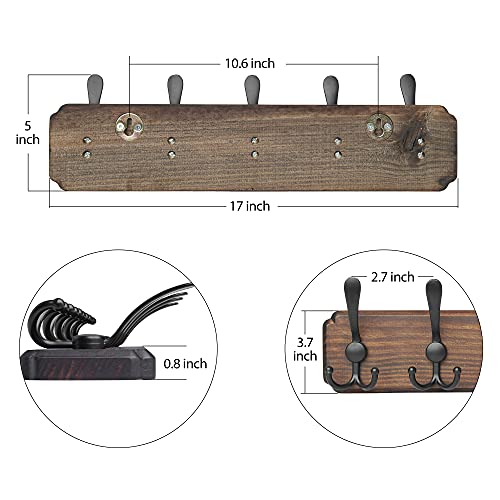 Coat Rack Wall Mount - 5 Double Metal Coat Rack Hooks Set of 2, Wall Mounted Coat Rack Heavy Duty Set 2, Rustic Wooden, Coat Hat Key for Entryway, Closet Room, Bathroom, Bedroom (Brown)