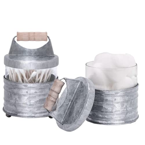 Autumn Alley Galvanized Bathroom Apothecary Jars Set, Farmhouse Bathroom Jars Qtip Holder Glass Dispenser- Rustic Vanity Organizer with Lids for Cotton Balls, Swabs, Rounds, Bath Salts 2-Glass Jars