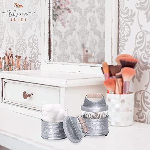 Autumn Alley Galvanized Bathroom Apothecary Jars Set, Farmhouse Bathroom Jars Qtip Holder Glass Dispenser- Rustic Vanity Organizer with Lids for Cotton Balls, Swabs, Rounds, Bath Salts 2-Glass Jars