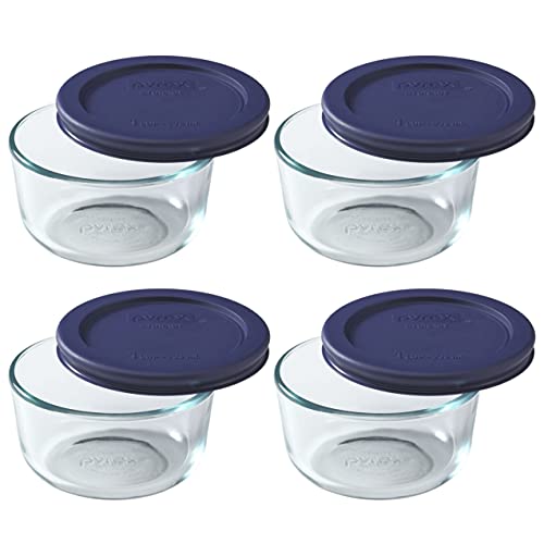 Pyrex (4) 7202 1-Cup Glass Bowls & (4) Pyrex 7202-PC 1-Cup Dark Blue Lids