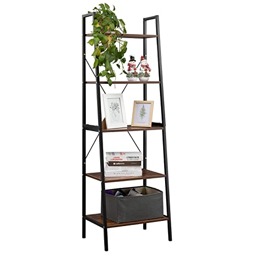 ALIMORDEN Heavy Duty Retro Ladder Shelf, 5 Tier Industrial Bookshelf with Wood Pattern , 21.6 x 15.3 x 67 Inches, Rustic Brown