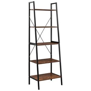 ALIMORDEN Heavy Duty Retro Ladder Shelf, 5 Tier Industrial Bookshelf with Wood Pattern , 21.6 x 15.3 x 67 Inches, Rustic Brown