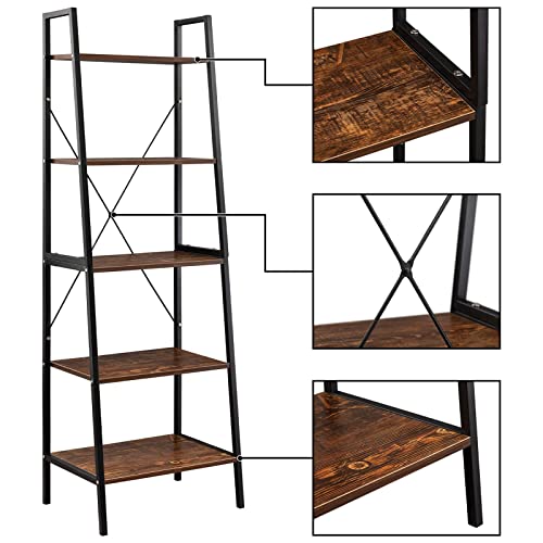 ALIMORDEN Heavy Duty Retro Ladder Shelf, 5 Tier Industrial Bookshelf with Wood Pattern , 21.6 x 15.3 x 67 Inches, Rustic Brown