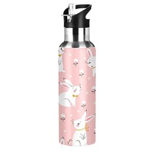 cute floral bunny kids water bottle thermos with straw rabbit animals school vacuum insulated stainless steel thermos bottle cup leakproof sport travel cup mug handle for girls women biking 20 oz