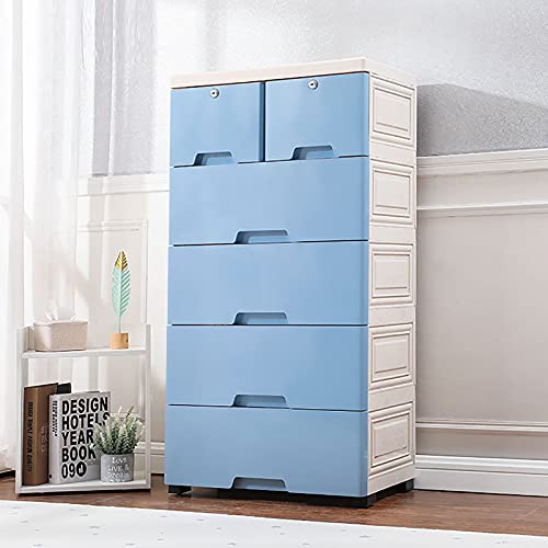 Plastic Drawers Dresser,Storage Cabinet with 6 Drawers,Stackable Vertical Clothes Storage Tower Small Closet Organizer Shelf Lockable Storage Cabinet Drawers Organizer for Clothing,Bedroom,etc(Blue)