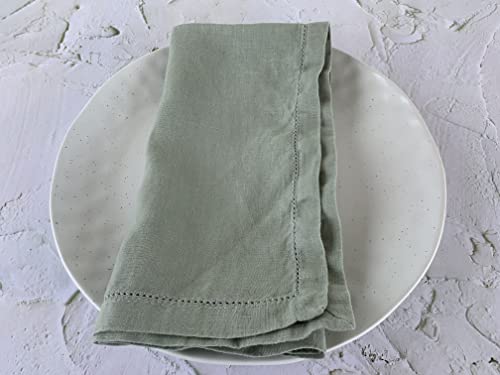 Hemstitched Linen Napkins – 20 Inch x 20 Inch – Stonewashed Pure Linen Cloth Dinner Napkins with Mitered Corners - 100% French Flax – Machine Washable - Set of 4 (Soft Sage Green)