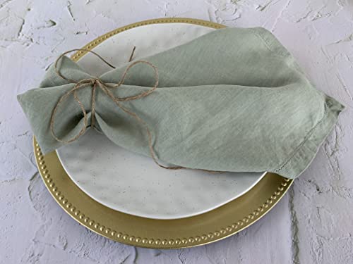 Hemstitched Linen Napkins – 20 Inch x 20 Inch – Stonewashed Pure Linen Cloth Dinner Napkins with Mitered Corners - 100% French Flax – Machine Washable - Set of 4 (Soft Sage Green)