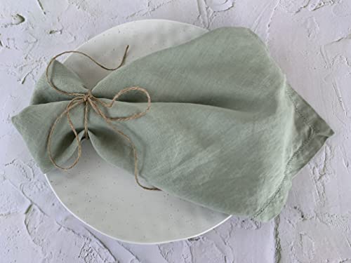 Hemstitched Linen Napkins – 20 Inch x 20 Inch – Stonewashed Pure Linen Cloth Dinner Napkins with Mitered Corners - 100% French Flax – Machine Washable - Set of 4 (Soft Sage Green)