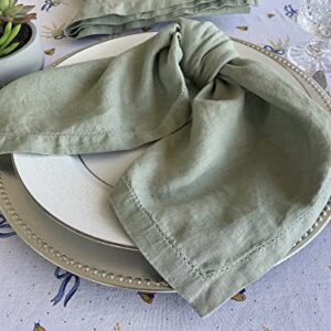 Hemstitched Linen Napkins – 20 Inch x 20 Inch – Stonewashed Pure Linen Cloth Dinner Napkins with Mitered Corners - 100% French Flax – Machine Washable - Set of 4 (Soft Sage Green)