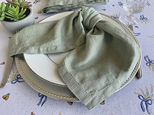 Hemstitched Linen Napkins – 20 Inch x 20 Inch – Stonewashed Pure Linen Cloth Dinner Napkins with Mitered Corners - 100% French Flax – Machine Washable - Set of 4 (Soft Sage Green)