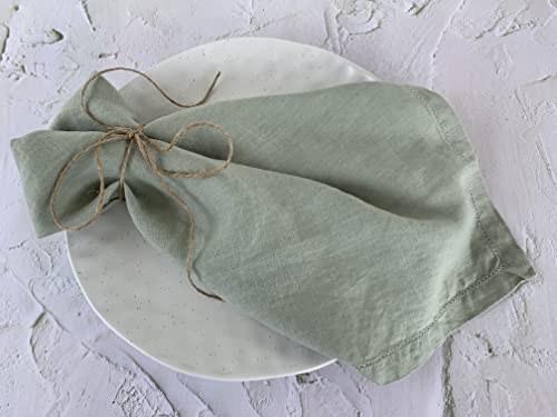 Hemstitched Linen Napkins – 20 Inch x 20 Inch – Stonewashed Pure Linen Cloth Dinner Napkins with Mitered Corners - 100% French Flax – Machine Washable - Set of 4 (Soft Sage Green)