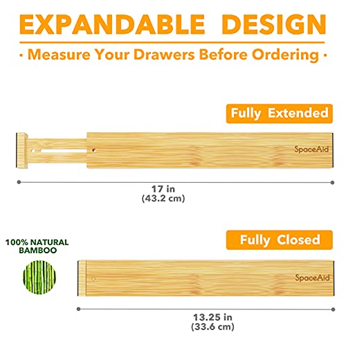 SpaceAid Bamboo Drawer Dividers with Labels, Kitchen Adjustable Drawer Organizers, Expandable Organization for Home, Office, Dressers and Bathroom, 6 Dividers (13.25-17 in)