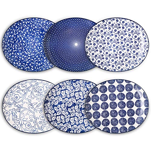 Selamica Porcelain Shallow Oval Dinner Plates, 8 inch Dessert Pasta Salad Curve Plates, Microwave/Dishwasher/Oven safe, Set Of 6, Vintage Blue