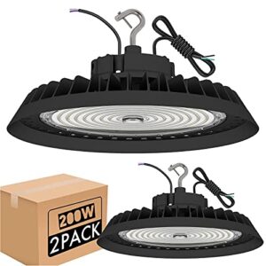 200w led ufo high bay light 30000lm 5000k led commercial bay lighting for gym factory warehouse - 0-10v dimmable, 550w mh/hps equiv- us hook 5' cable, safe rope, ul&dlc listed(2-pack)
