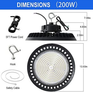 200W LED UFO High Bay Light 30000LM 5000K LED Commercial Bay Lighting for Gym Factory Warehouse - 0-10V Dimmable, 550W MH/HPS Equiv- US Hook 5' Cable, Safe Rope, UL&DLC Listed(2-Pack)