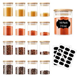 zrrhoo 16 pack glass jars with bamboo lids, 7.5 oz airtight spice jars set with extra labels and pen, for dry food canisters, spice, coffee, beans, candy, nuts, herbs