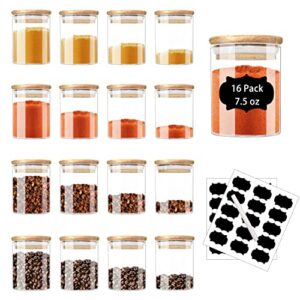 ZRRHOO 16 Pack Glass Jars with Bamboo Lids, 7.5 oz Airtight Spice Jars Set with Extra Labels and Pen, for Dry Food Canisters, Spice, Coffee, Beans, Candy, Nuts, Herbs