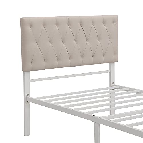 MERITLINE Twin Size Metal Bed, Twin Platform Bed Frame with Upholstered Headboard and Footboard, Metal Platform Bed with Drawer Storage No Box Spring Needed (Twin Size, Beige)