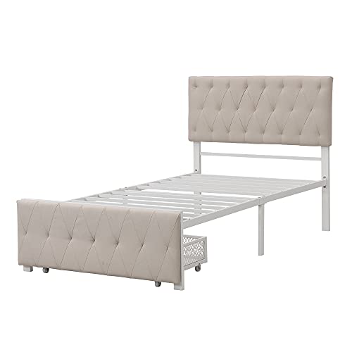 MERITLINE Twin Size Metal Bed, Twin Platform Bed Frame with Upholstered Headboard and Footboard, Metal Platform Bed with Drawer Storage No Box Spring Needed (Twin Size, Beige)