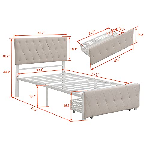 MERITLINE Twin Size Metal Bed, Twin Platform Bed Frame with Upholstered Headboard and Footboard, Metal Platform Bed with Drawer Storage No Box Spring Needed (Twin Size, Beige)