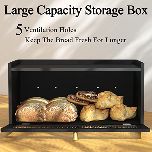 ETMI Black Bread Box for Kitchen Countertop-Large Modern bamboo Bread box with Window Bread Storage Container