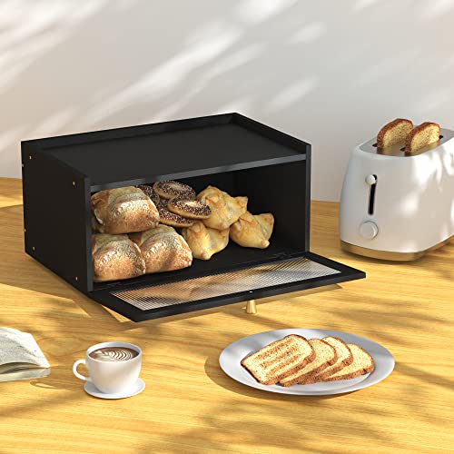 ETMI Black Bread Box for Kitchen Countertop-Large Modern bamboo Bread box with Window Bread Storage Container