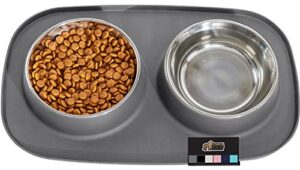 gorilla grip slip resistant pet bowls and silicone feeding mat set, catch water and food mess, raised edges for no spills, stainless steel cat and dog dish bowl for small and large pets, 2 cups gray