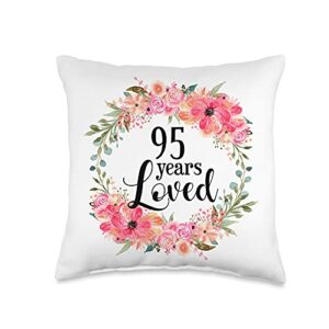 floral 90 years loved mom grandma birthday gift floral loved 95 year old grandma 95th birthday gift throw pillow, 16x16, multicolor